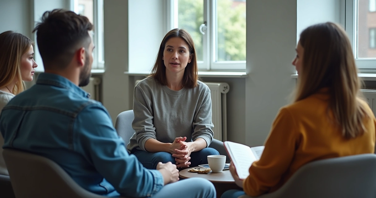 Small group in discussion with one person listening and taking notes 