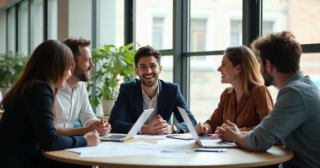 Team of coworkers sitting at a round table in a modern office discussing and smiling.
