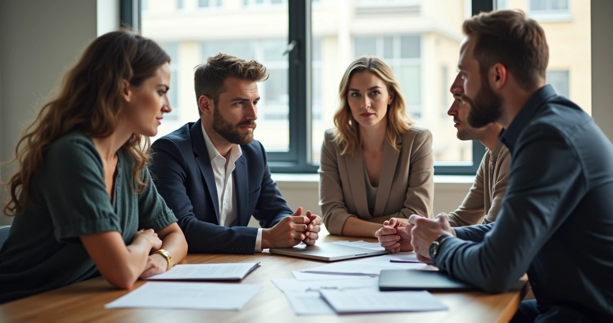 Team gathered for discussion in modern office