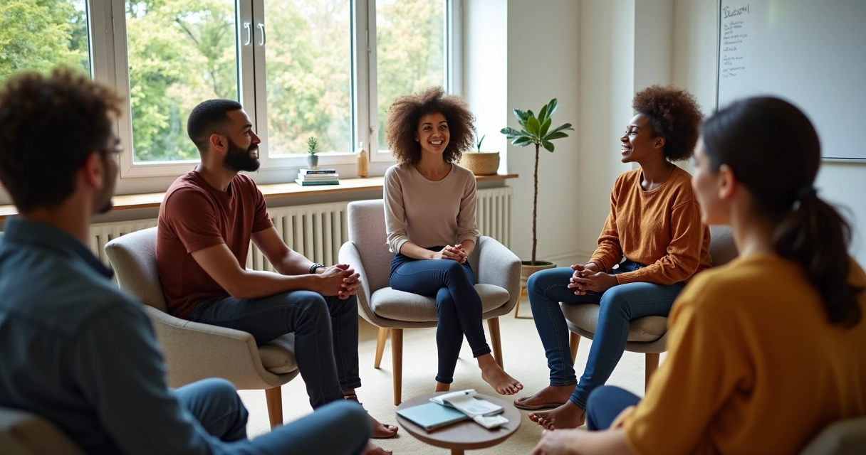 Diverse group sitting in a circle discussing personal growth 