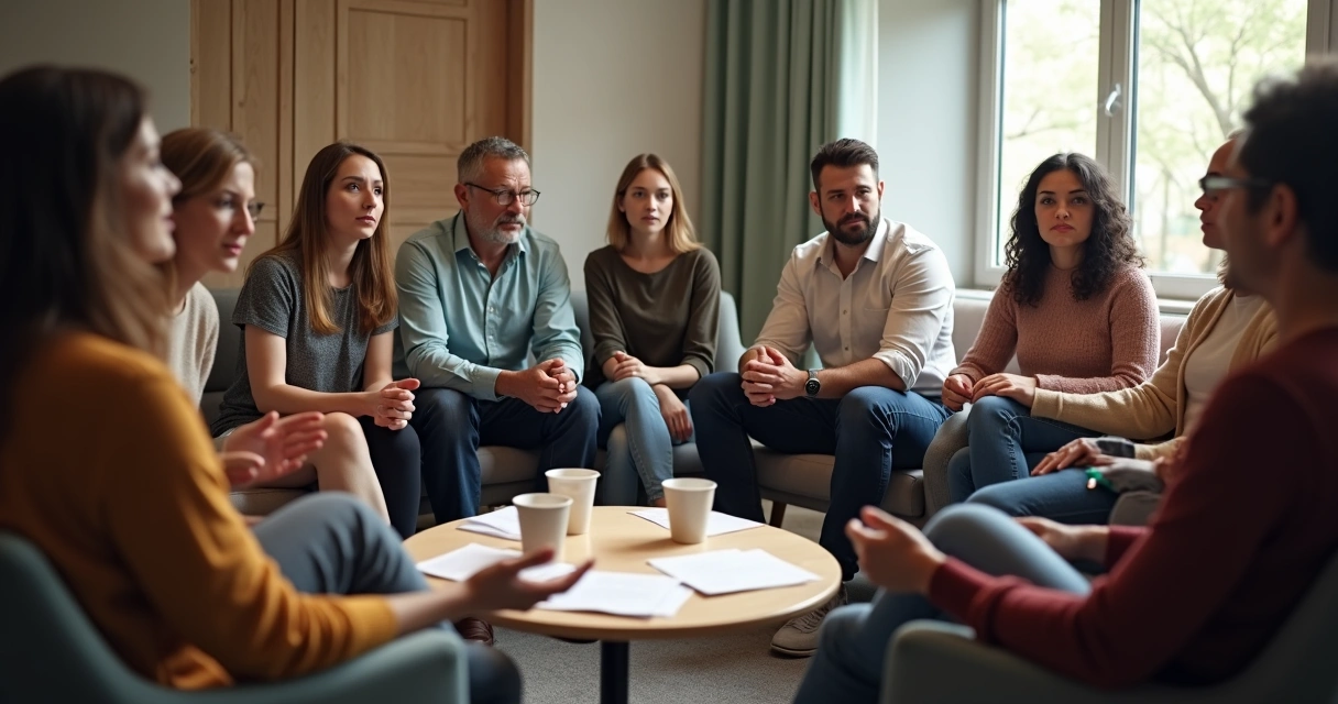 Small group sitting in a circle, engaged in calm, attentive discussion.