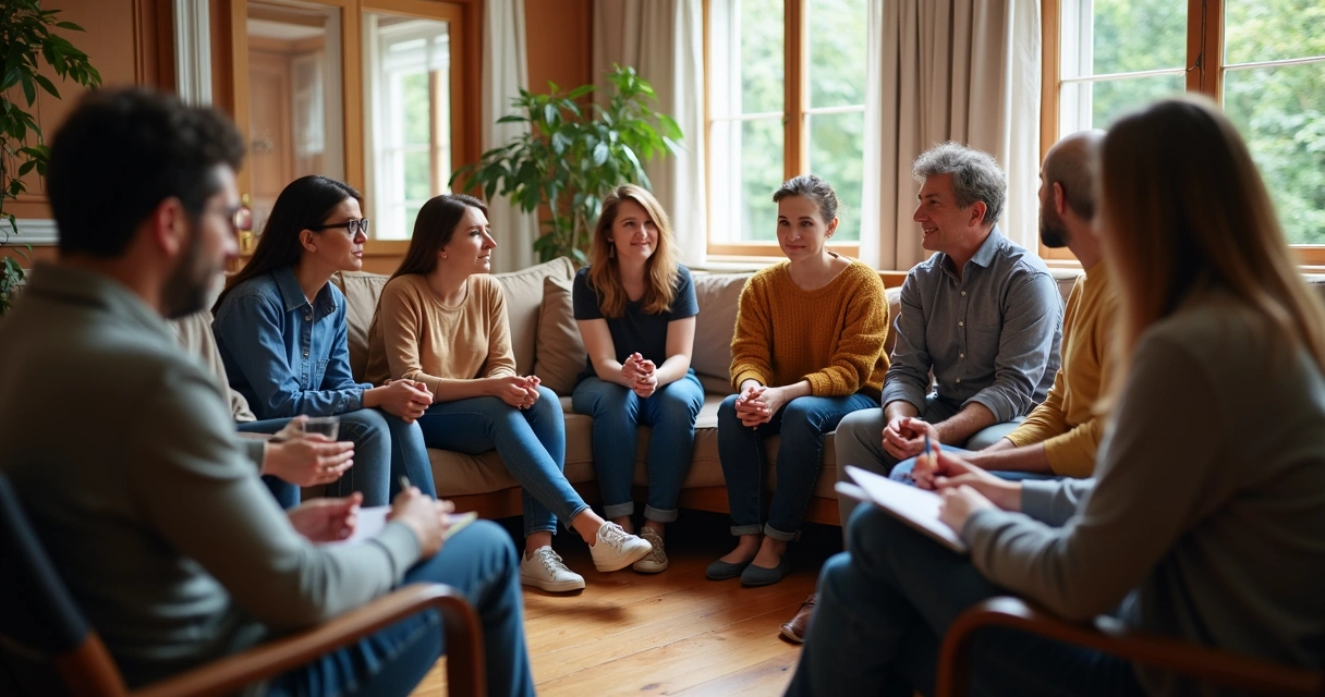 Group discussion with people actively engaging and reflecting in a circle 