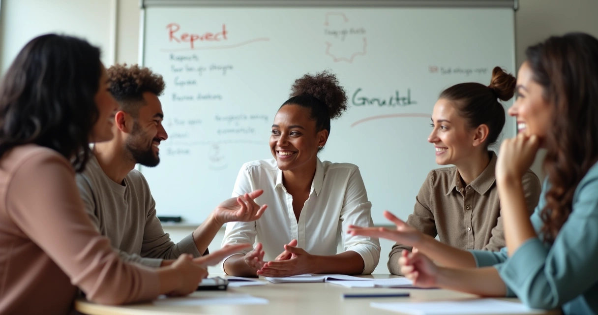 Small group at a table, finding common ground during a discussion
