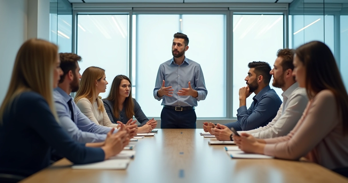 People in a meeting, some showing stress, one person leading the conversation with assertiveness 