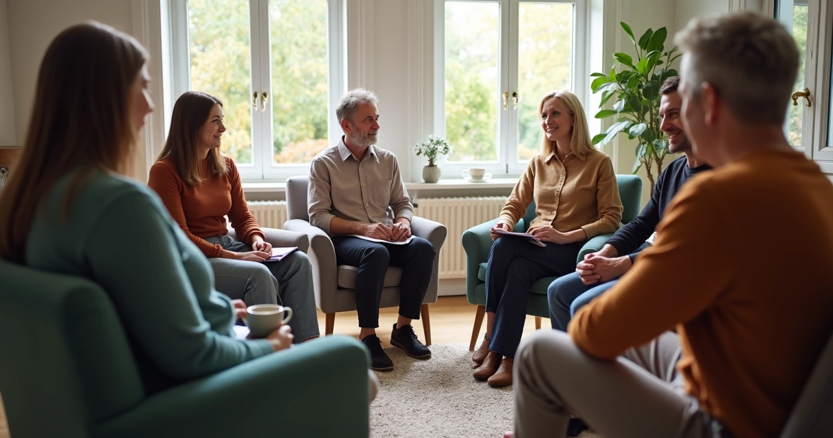 Small group sitting and discussing in a circle