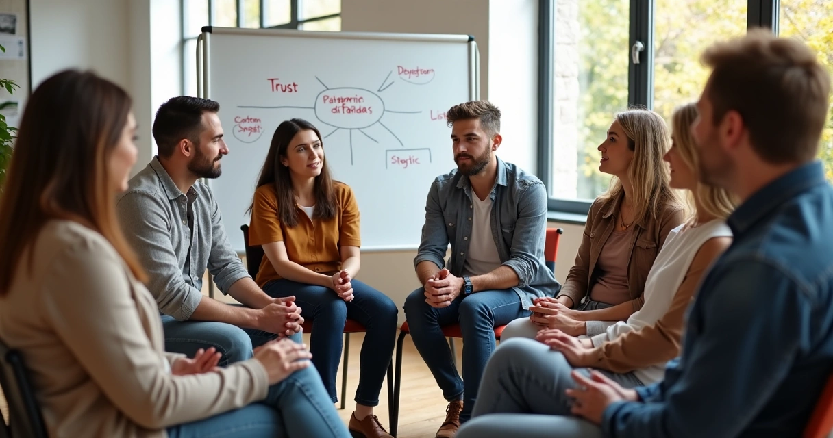 People sitting in a circle having a deep group discussion