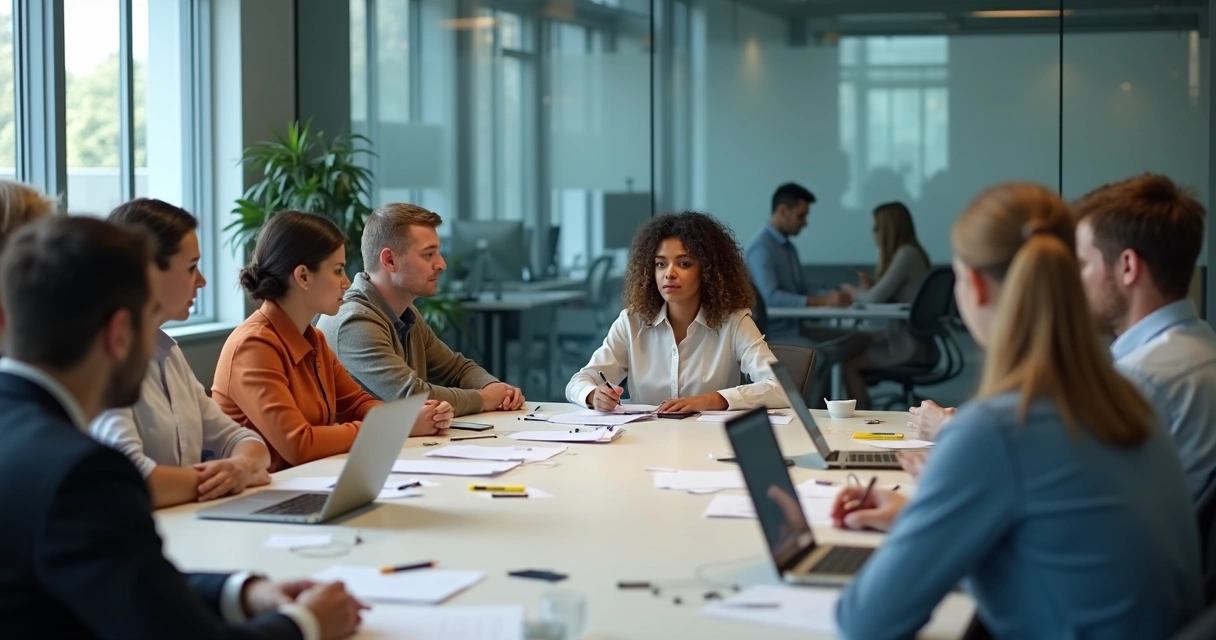 Colleagues in a group meeting, some appearing excluded, illustrating systemic patterns. 