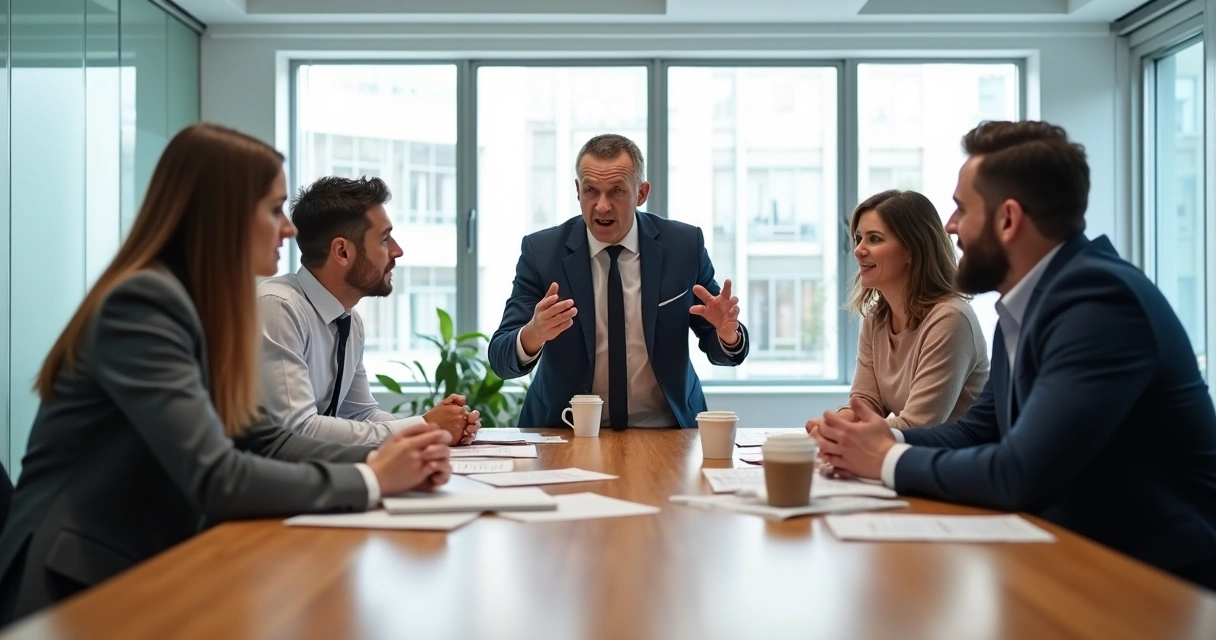 People sitting around a table, one person reacting emotionally during a discussion 