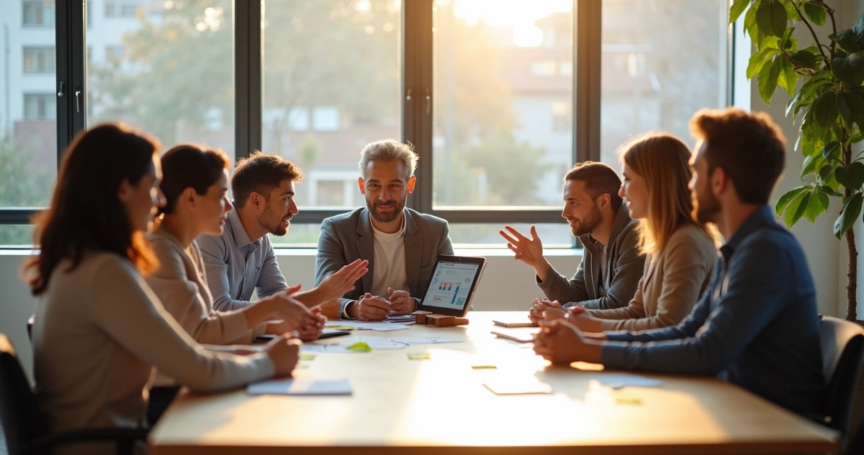 Diverse team around a table sharing different perspectives during a meeting. 