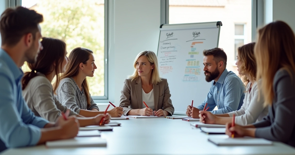 People in a workshop discussing together around a table 