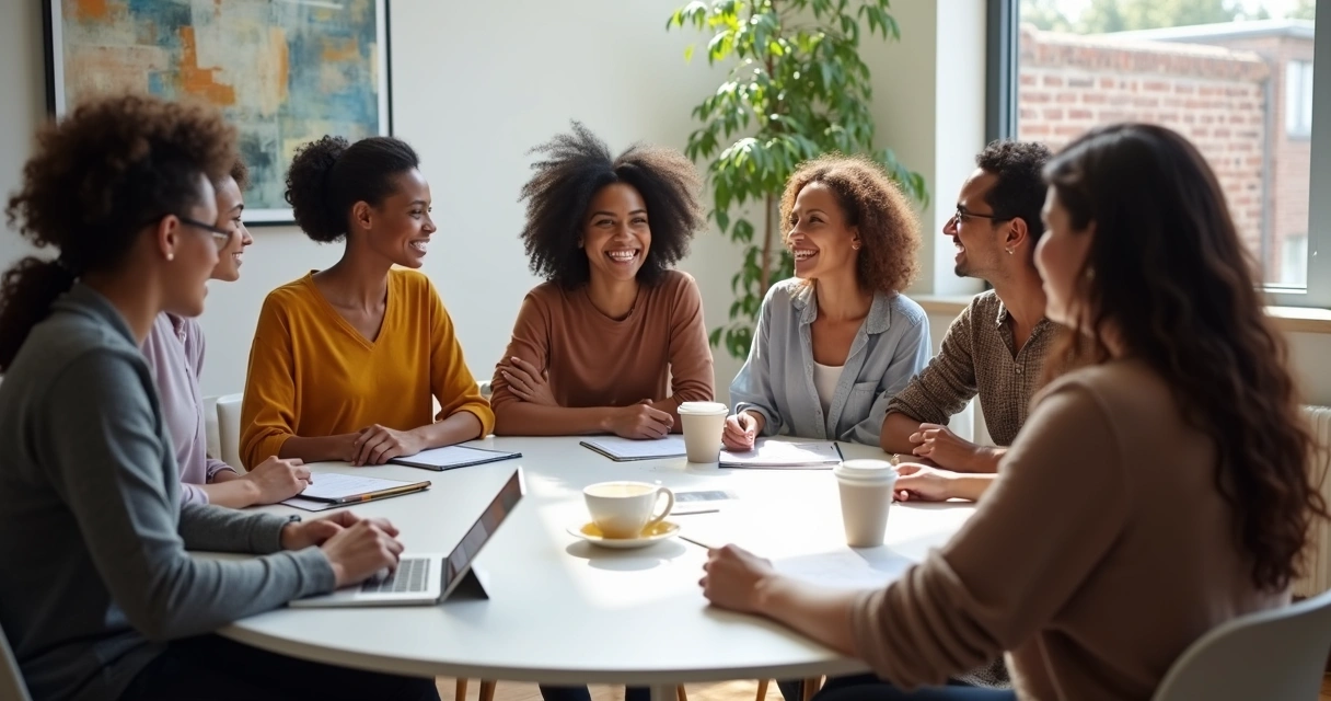 Diverse group in discussion around a table 
