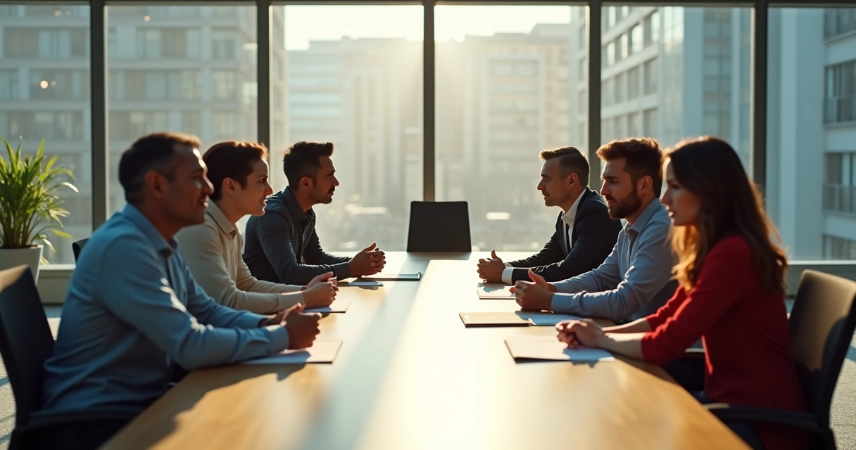 People in two groups sitting apart in a meeting room, facing each other 