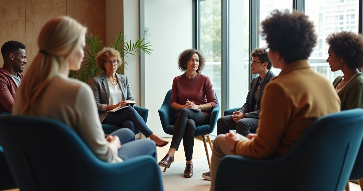 People seated in a circle, deeply engaged in group discussion 