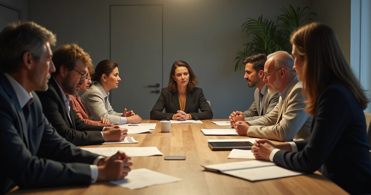 People in discussion around a table with visible tension and diverse expressions. 