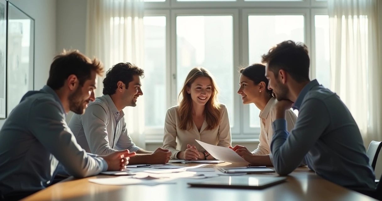 Four people in an office meeting, each showing different facial expressions as one person's visible stress influences the group's mood