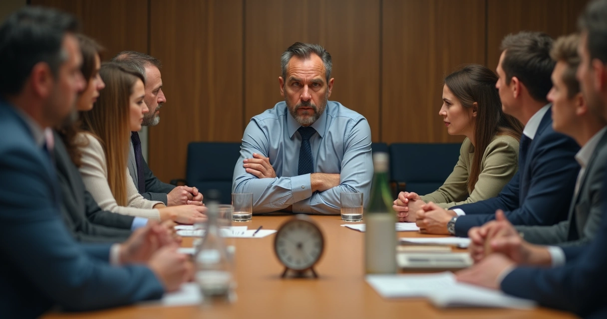 People in a meeting reacting to one negative person's attitude 