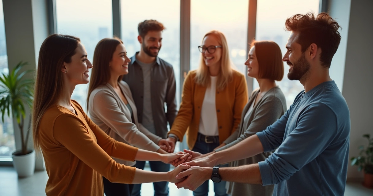 A diverse team standing together in a circle, connected and smiling 