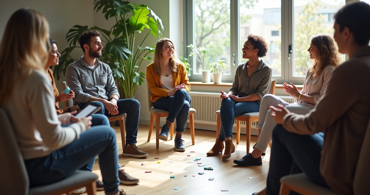 Diverse team in a circle discussing, sharing emotions openly