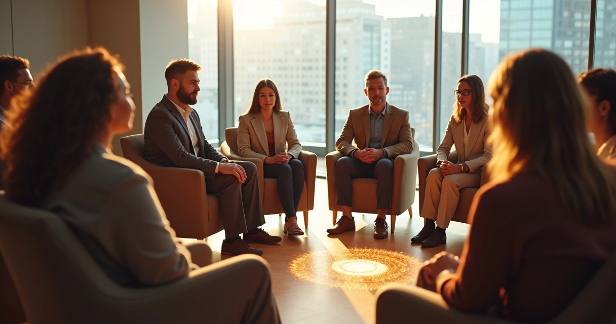 Diverse group in a circle separated by subtle glowing boundaries 