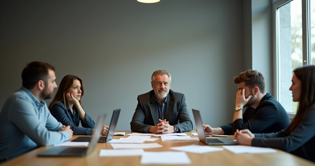 Three people in a meeting with tense body language and subtle facial expressions reflecting stress 