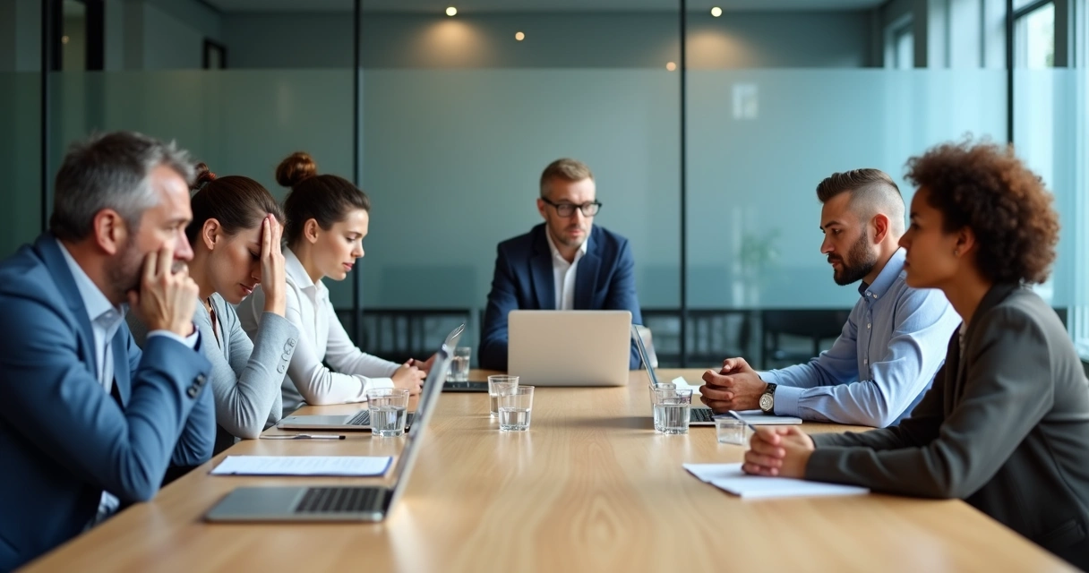 Team in a meeting showing mixed emotional reactions around a conference table 
