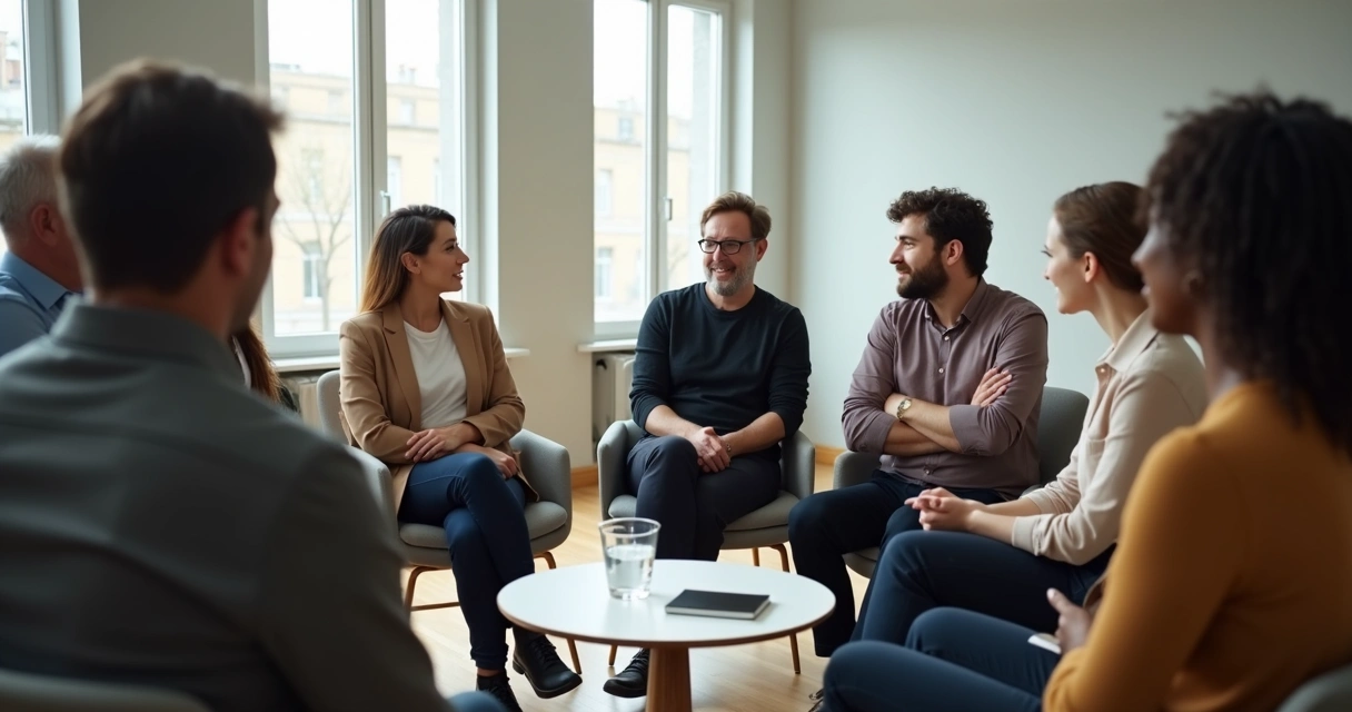 Diverse group sitting in a circle with subtle emotional tension in a meeting room 