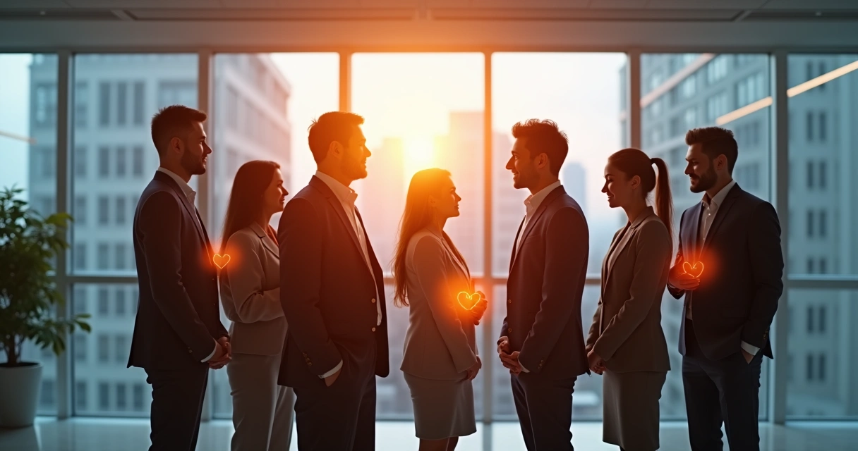 People standing together in a room, visible waves of color and light connecting them to symbolize shared emotions.