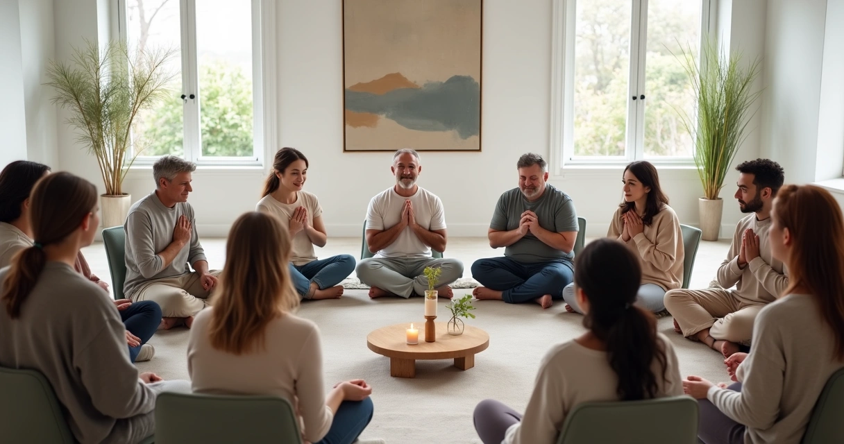 Diverse group sitting in a circle practicing collective emotional healing 