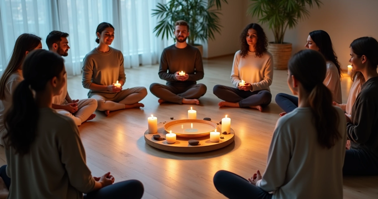 Diverse group in a circle holding candles during a calming emotional ritual 
