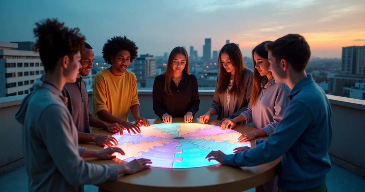 Diverse group on urban rooftop assembling a glowing circular puzzle 