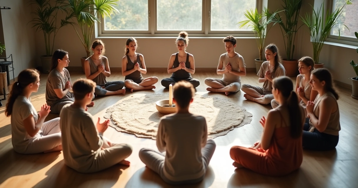 Diverse group sitting in a circle holding hands during a calming ritual 