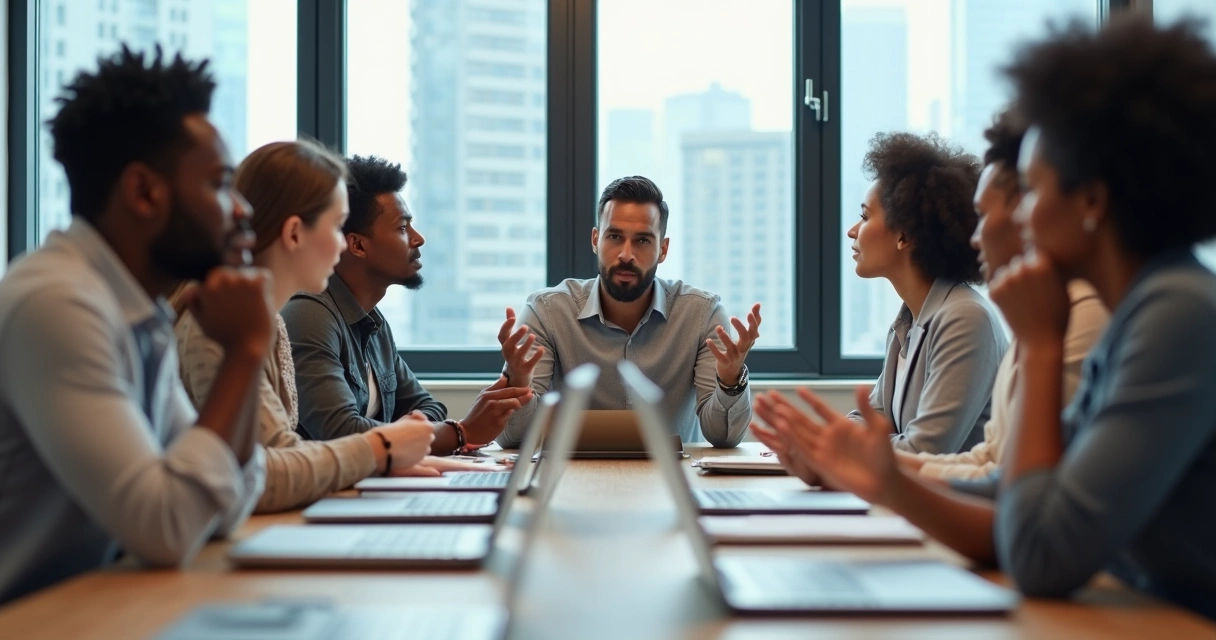 Diverse team in a meeting with one person calmly mediating tension 