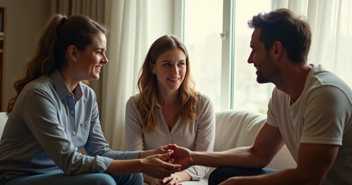 Three people in a circle offering emotional support with comforting gestures