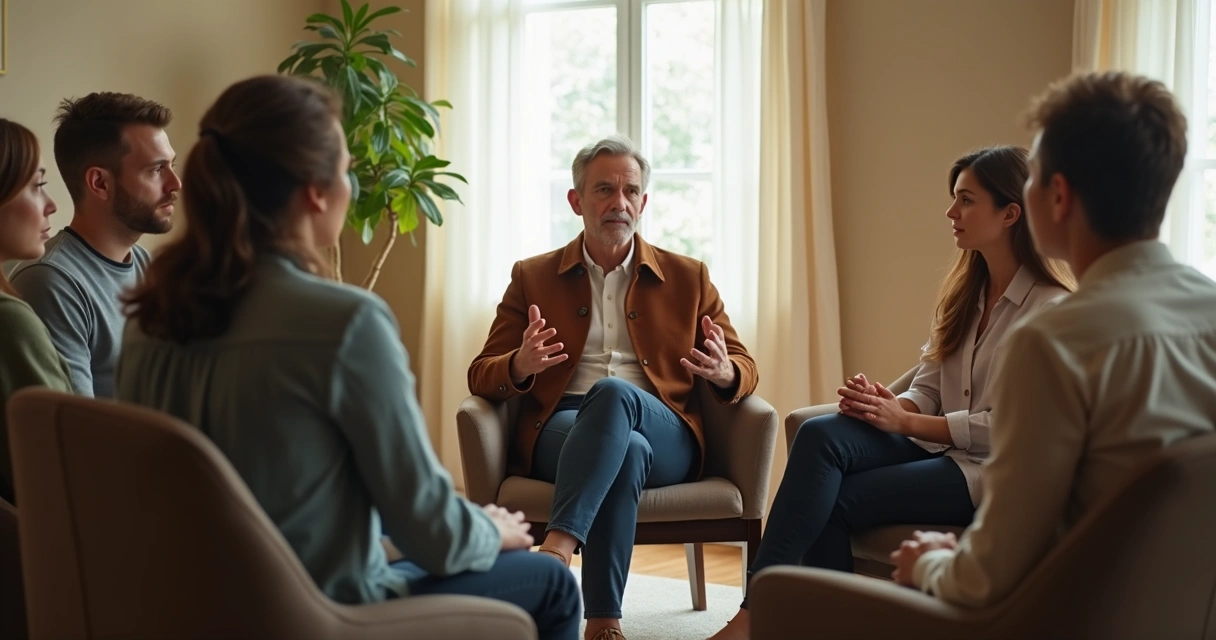 People seated in a circle during a tense group discussion 