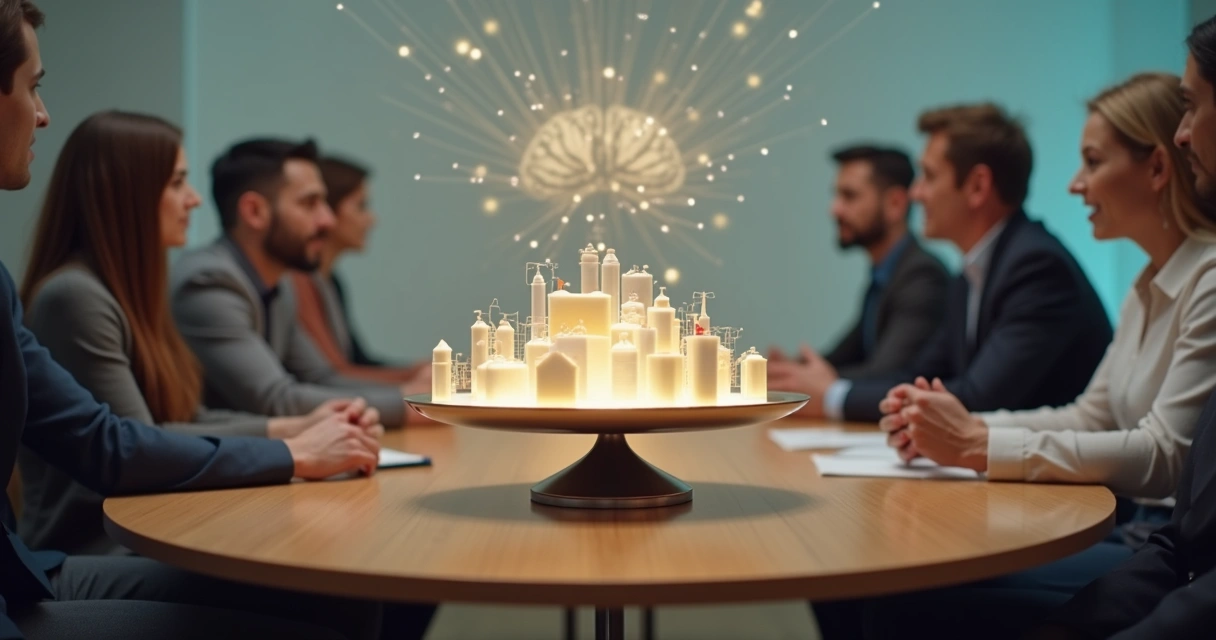 Group of people around table casting shared color field into judgment scales 