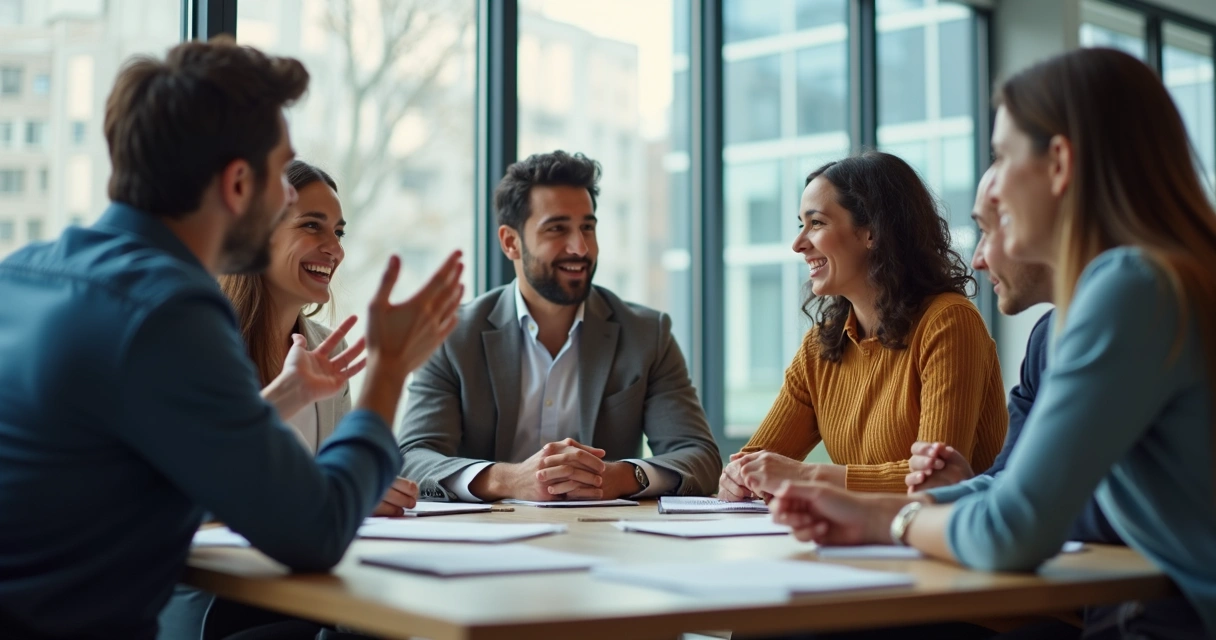 People in a meeting room, diverse team, one person calming the group during a tense discussion