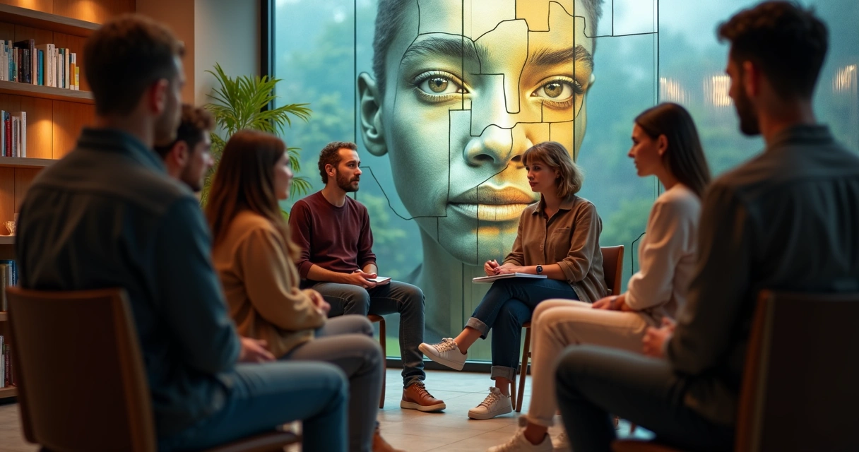 People seated in a circle reflected as one fragmented face in a glass wall 