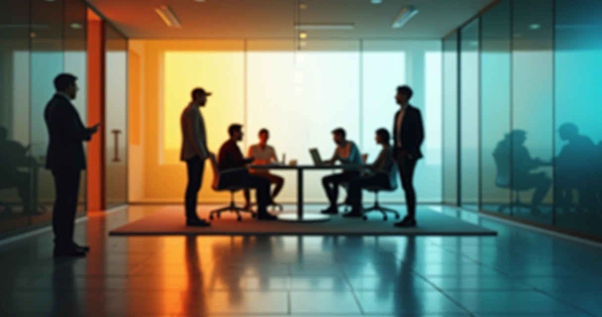 Team in meeting room seen through a prism splitting colors differently 