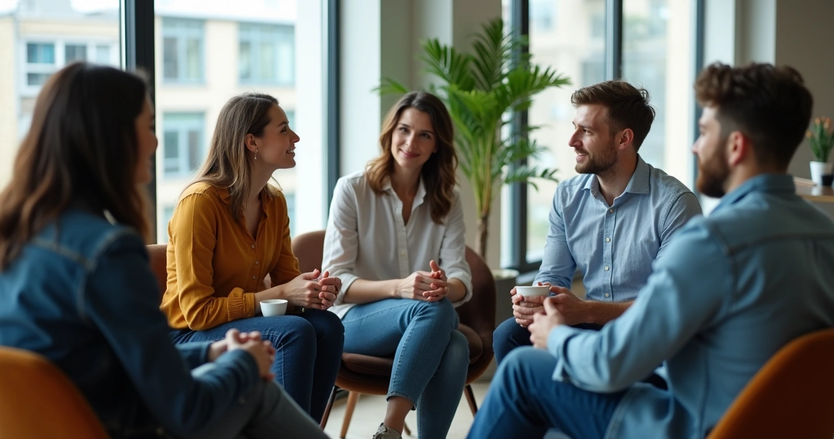 Group of people sitting together, one person sitting apart, showing social exclusion 