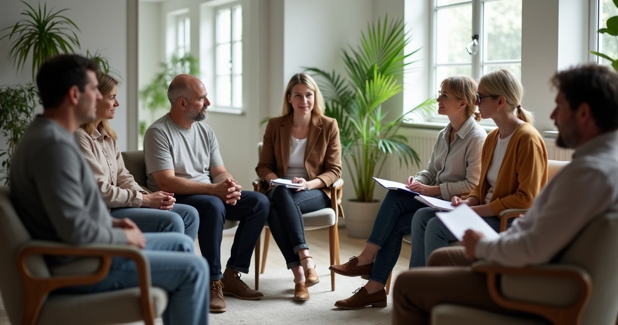 Small group in a circle sharing reflective feedback in a calm room