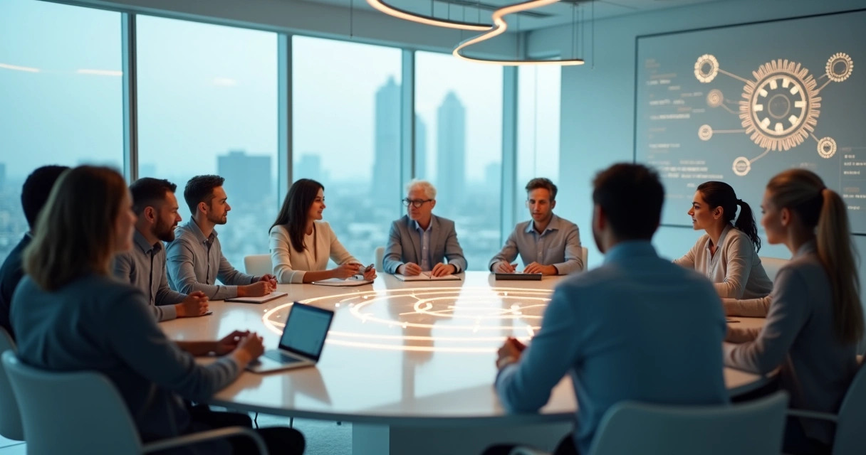 Diverse group in a circle connected by glowing feedback loops and neural network lines 