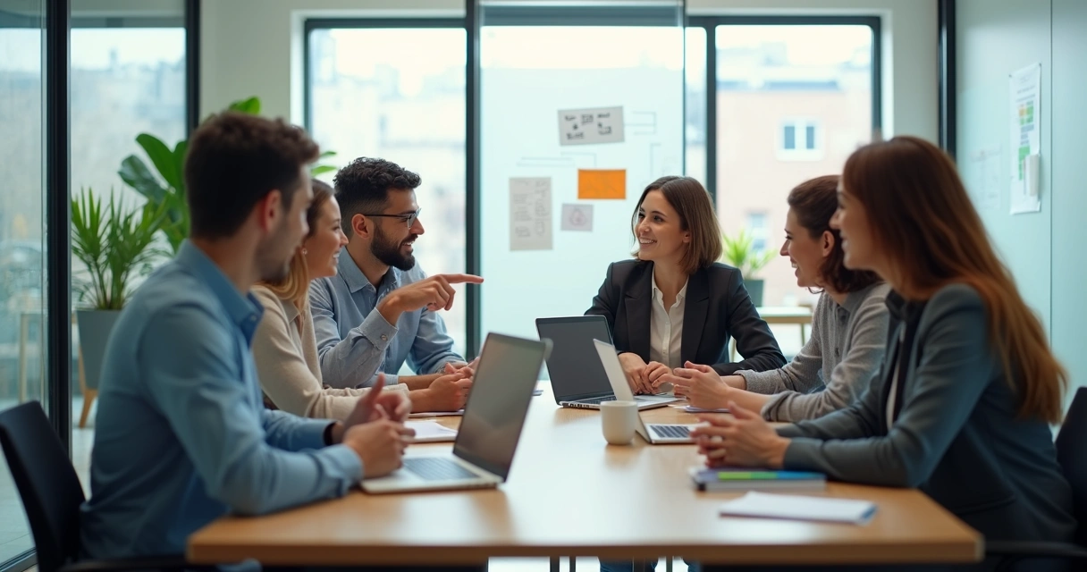 Team having a feedback discussion around a table