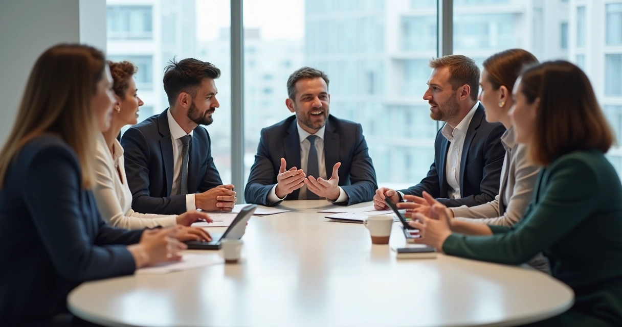 Group of people seated around a table, engaged in a feedback discussion, some speaking while others listen attentively 