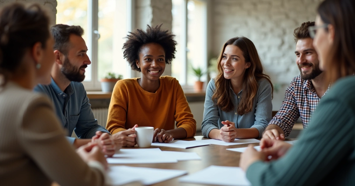 People in a circle sharing experiences during group feedback session 
