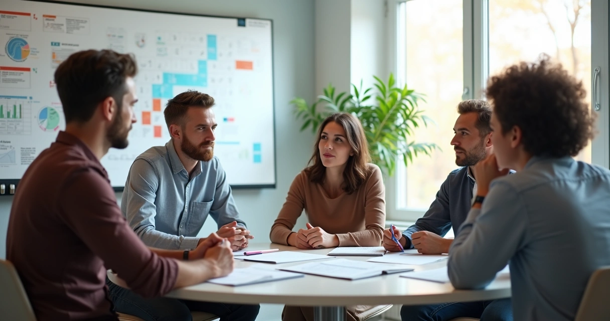 Small group in a feedback discussion around a table