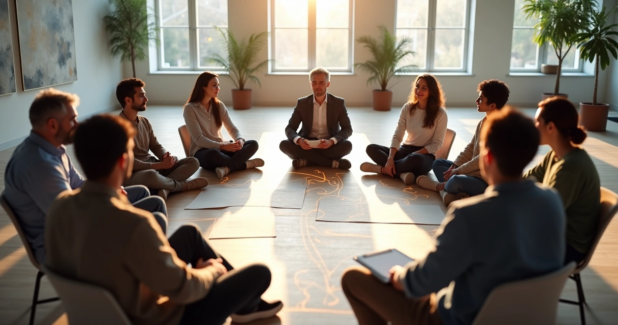 Diverse group in circle meeting with soft light field connecting them 