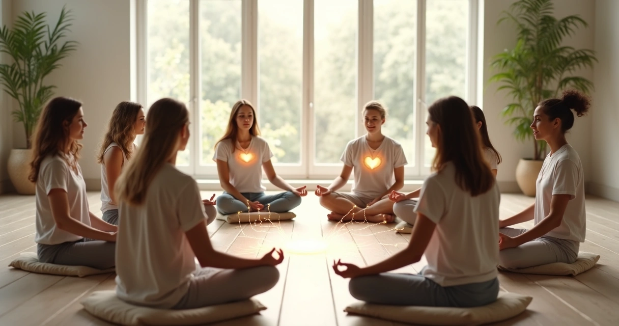 Diverse group sitting in a circle with light connections symbolizing shared consciousness 