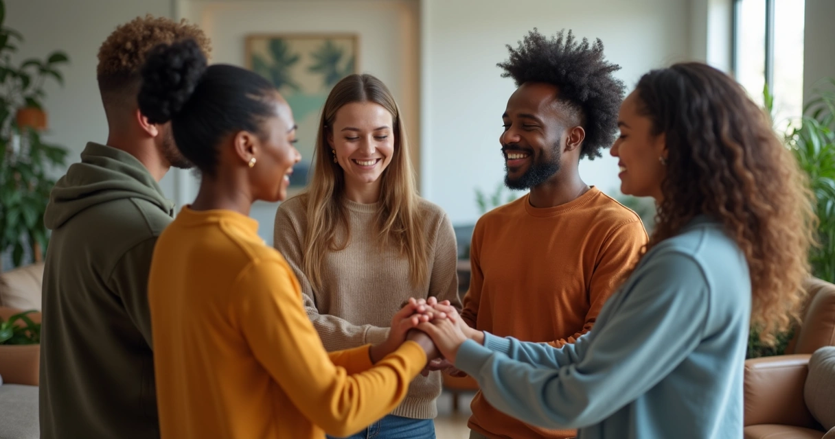 Team members in a circle holding hands, symbolizing group harmony after reconciliation 