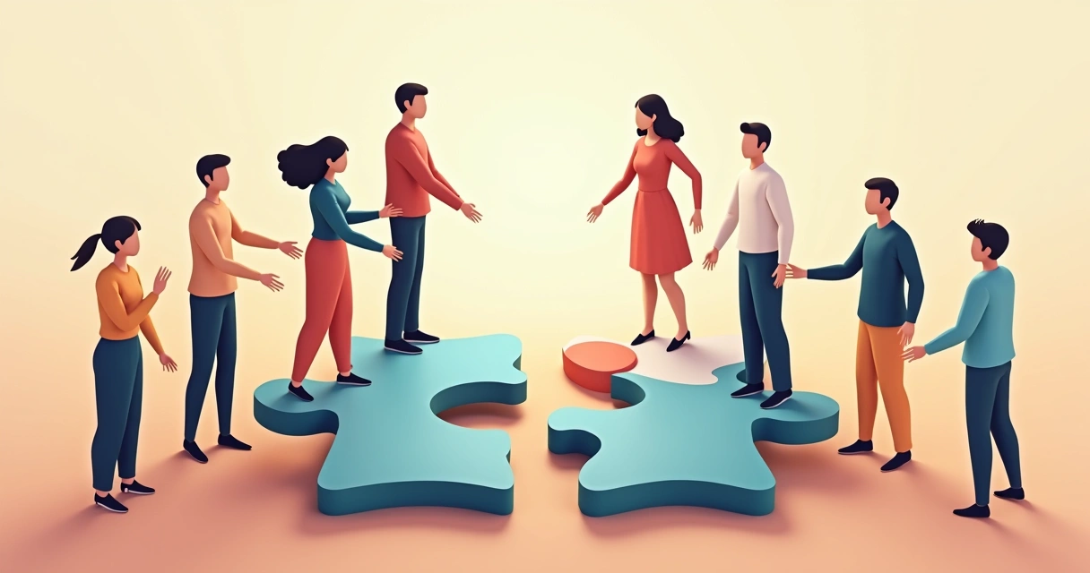 Illustration showing a team on a puzzle that’s breaking into separate pieces.