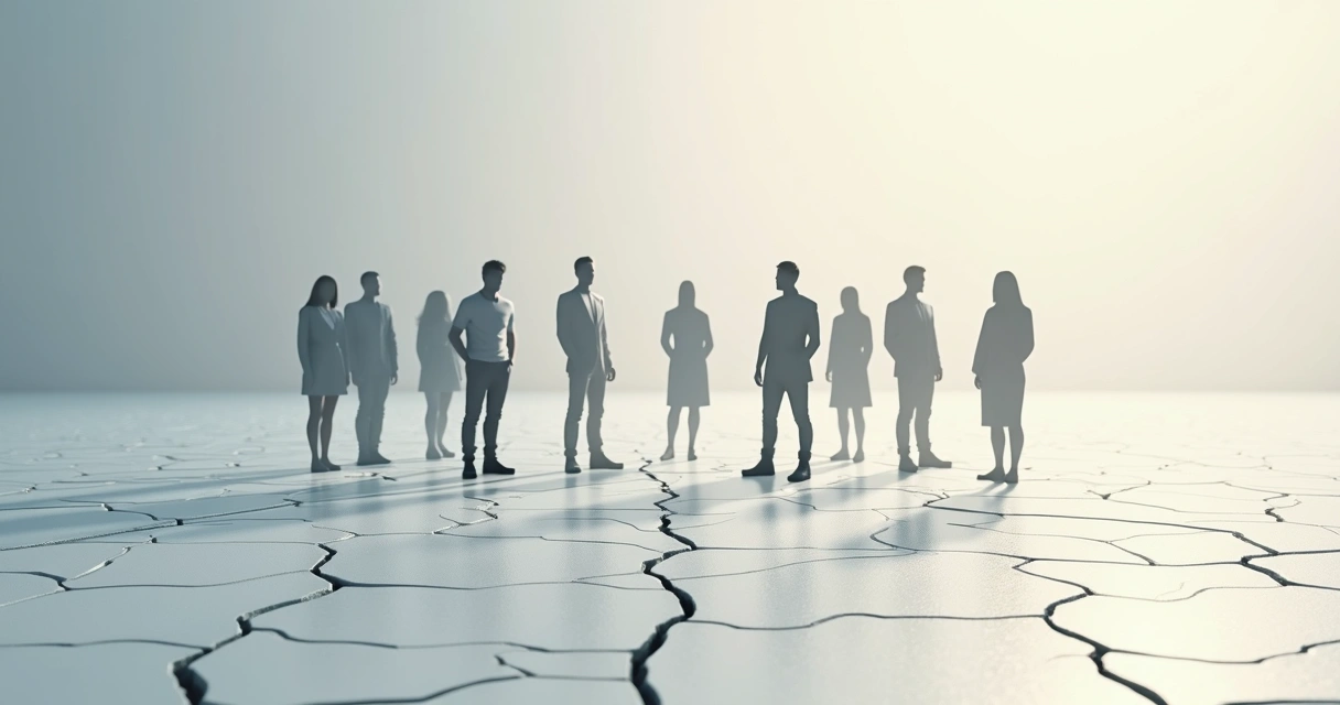 Shadows of a group standing together with cracks subtly dividing them 